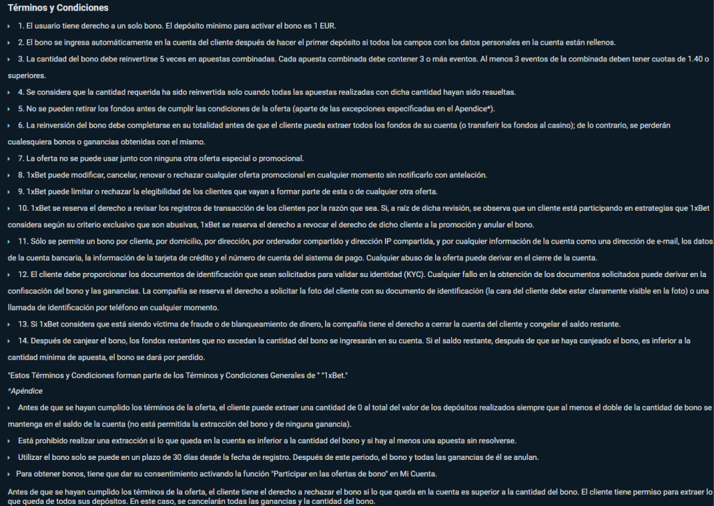 Términos y Condiciones 1xbet